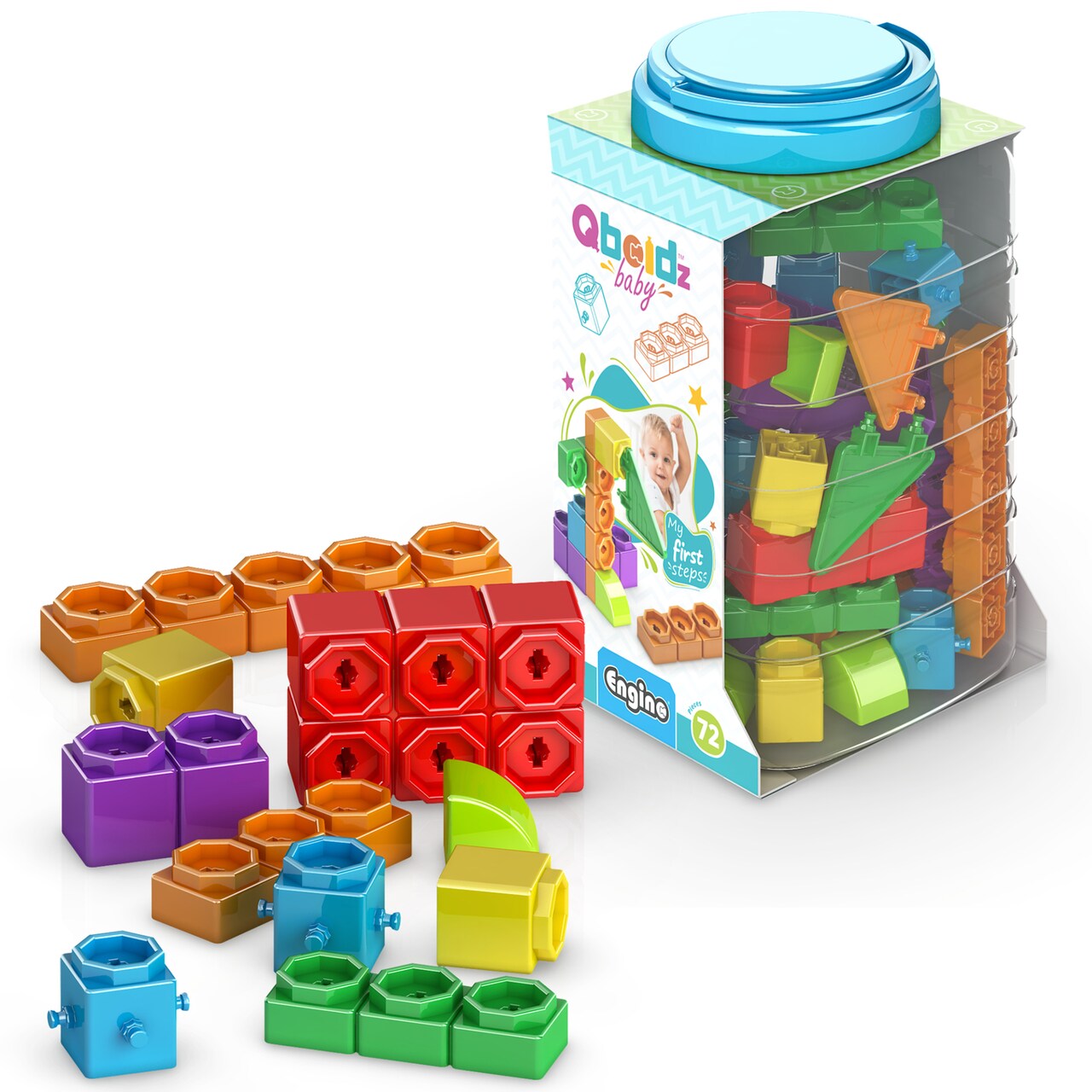 Engino: Qboidz Baby - My First Steps - Large - 72pc Brick Set, Dual-Dimension Build & Connect, Stack & Click Assembly, Open Play, Toddlers Kids 18mo+